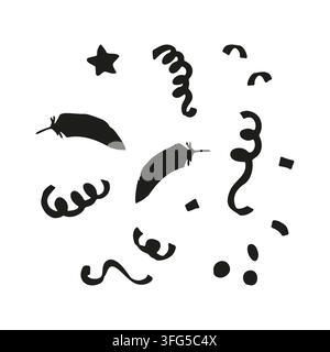 Hand drawn black party confetti doodle set with curly streamers, feathers, and stars isolated on a white background. Monochrome celebratory carnival Stock Vector