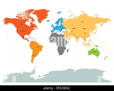 Political map of world with Antarctica. Continents in different colors on white background. Black labels with states and significant dependent territories names. High detail vector illustration. Stock Vector