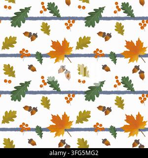 Autumn Leaves Acorns and Berries Seamless Pattern on white Background. Stock Photo