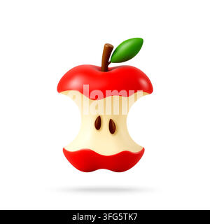3D Red apple core with green leaf Stock Vector