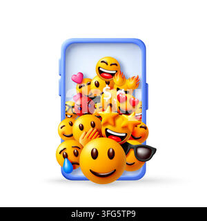 Group of 3D emojis bursts from blue smartphone Stock Vector