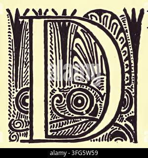 capital letter, D Abstract monochrome decorative design composed of bold black ink-like lines, arches, spirals, dots, bands, and geometric forms on a warm cream background. The intricate hand-drawn pattern has a graphic, ornamental, tribal-inspired appearance and works as a vintage-style visual texture or abstract artwork. Stock Photo