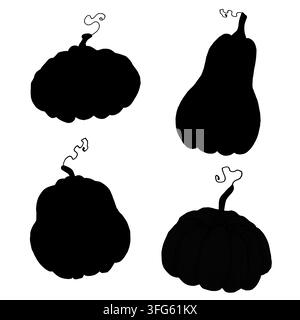 Autumn pumpkin silhouettes. Various shapes of natural vegetables. Simple black graphics hand-drawn in engraving style. Vector illustration of autumn b Stock Vector