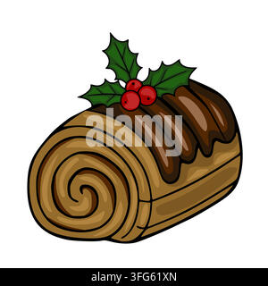 Christmas chocolate yule log cake vector illustration with holly berries Stock Vector