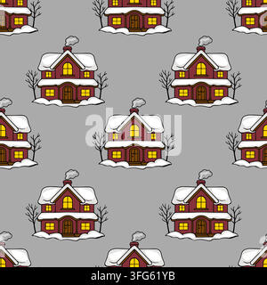 Seamless vector pattern of cozy red Christmas houses with snow-covered roofs on a grey background Stock Vector