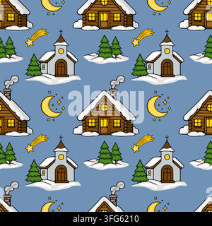 Seamless vector pattern with cozy winter log cabins, churches, and pine trees under a starry night sky Stock Vector