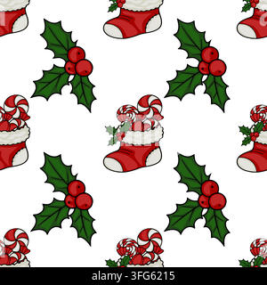 Christmas seamless pattern vector with red stockings filled with peppermint candies and holly berries Stock Vector