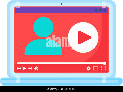 Laptop video call screen streaming player interface flat icon. Display showing online video streaming interface red screen user avatar profile silhoue Stock Vector