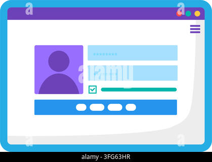 User profile login website interface flat icon. Authorization page web browser window input fields check box blue login button purple profile picture Stock Vector