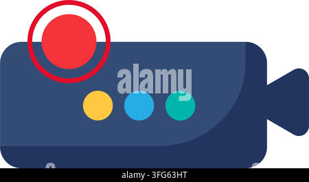 Video recording camera active indicator interface flat icon. Dark blue video camera icon red recording circle live status indicator yellow cyan green Stock Vector
