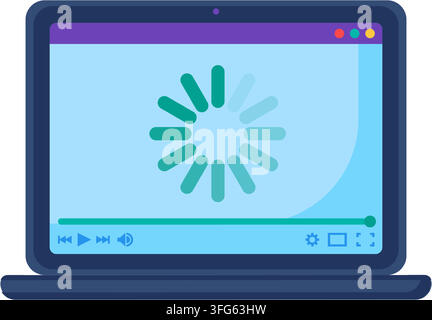 Laptop video loading buffering interface flat icon. Computer display screen showing video player UI loading spinner buffering wheel progress bar playb Stock Vector
