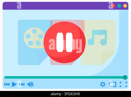 Video player pause button interface flat icon. Window showing large red pause button circular icon center background film reel music note cards web me Stock Vector