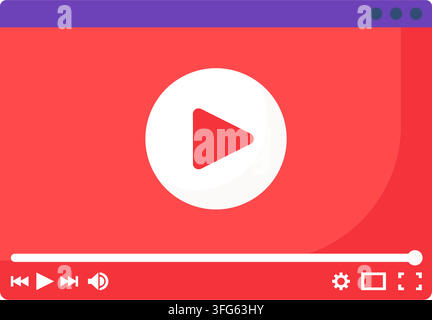 Video player interface play button window interface flat icon. Window featuring bright red background white central play button circle media player co Stock Vector