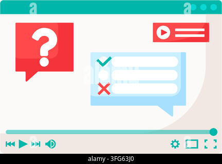 Online streaming question poll video player interface flat icon. Video player window showing red speech bubble question mark mark survey option check Stock Vector