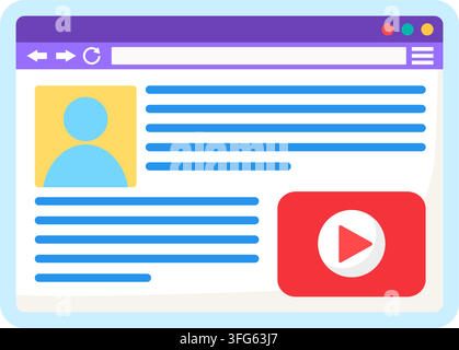 Web page online video player interface flat icon. web browser window displaying online article text lines user avatar profile icon red media video pla Stock Vector