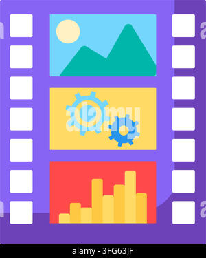 Film strip video media editing frames flat icon. Purple film strip frame featuring three video content preview cells mountain landscape image cogwheel Stock Vector