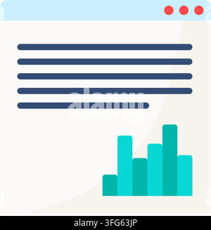 Web page bar chart analytics interface flat icon. web browser page layout text lines green cyan bar chart graph statistics business report page isolat Stock Vector