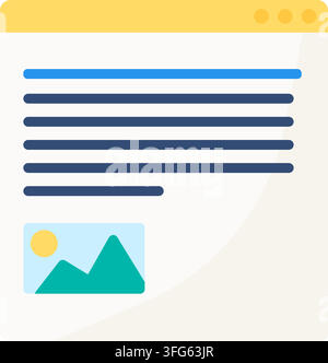 Web article image thumbnail page interface flat icon. Web browser page layout displaying headline text lines graphic image thumbnail landscape picture Stock Vector