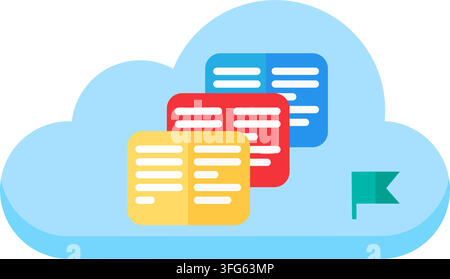 Cloud storage documents data files list interface flat icon. Featuring soft blue cloud shape three colorful text document cards green flag badge insid Stock Vector