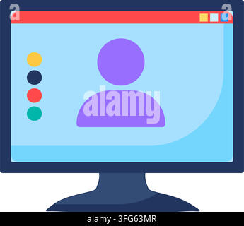 Computer monitor user profile web page interface flat icon. Profile web page desktop screen displaying purple user avatar icon colorful status dots si Stock Vector
