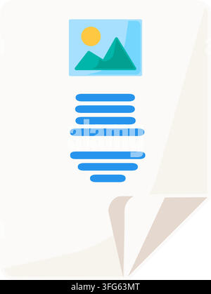 Document page article picture file interface flat icon. Paper curled corner green mountain photo image thumbnail blue text lines isolated white backgr Stock Vector