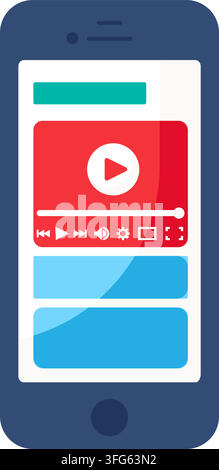 Online streaming question poll video player interface flat icon. Dark blue smartphone displaying mobile video player UI app layout red screen video bo Stock Vector