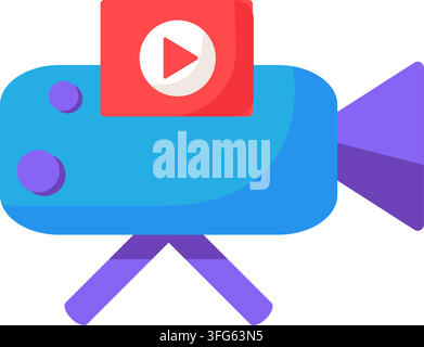 Digital video camera streaming record interface flat icon. Blue compact video camera red play button badge tripod base isolated white background Stock Vector