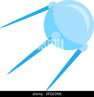 Space satellite orbit technology communication interface flat icon. Featuring light blue spherical satellite body three long antennas protruding downw Stock Vector