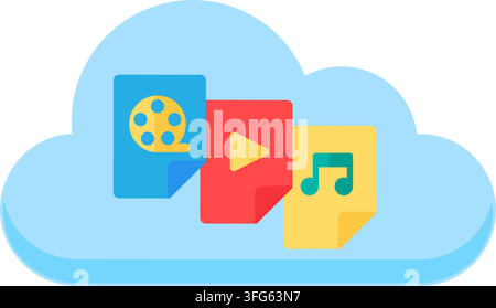 Cloud storage media files play music interface flat icon. Featuring soft blue cloud shape three colorful document files video film player play button Stock Vector