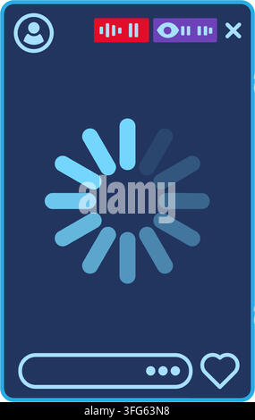 Mobile video stream buffering loader screen interface flat icon. Smartphone screen displaying dark blue live stream video player interface center load Stock Vector