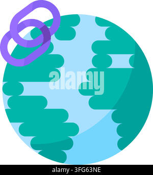 Global network internet connection link interface flat icon. planet earth globe green continents purple chain link symbol overlay isolated white backg Stock Vector