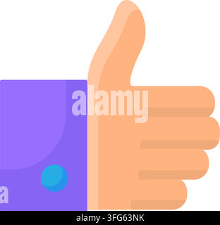 Thumbs up gesture like approval success flat vector icon illustration. Human hand thumb pointing up purple sleeve cuff blue button positive feedback l Stock Vector
