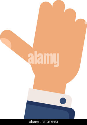 Human hand raised greeting palm gesture interface flat icon. Featuring open hand palm thumb out shirt cuff blue suit sleeve isolated white background Stock Vector