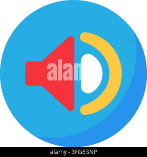Audio sound speaker volume level interface flat icon. Featuring red speaker megaphone yellow sound wave arc inside light blue round button badge isola Stock Vector