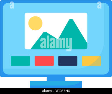Computer monitor media gallery player interface flat icon. Screen displaying landscape picture mountain sun image thumbnail colorful control buttons b Stock Vector