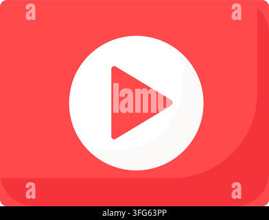 Video play button icon media player symbol flat icon. Red rectangular video play button featuring central white circle play triangle icon online media Stock Vector