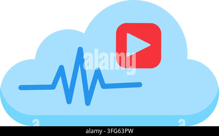 Cloud video streaming audio wave storage flat vector icon illustration. Light blue cloud shape dark blue sound wave line red video play button multime Stock Vector