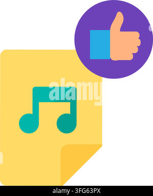 Audio file music playlist recommended like flat vector icon. Yellow note document page blue musical note sign purple circle thumb up positive feedback Stock Vector
