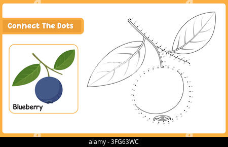 Preschool learning challenge with blueberry dot to dot puzzle and educational worksheet graphic Stock Vector
