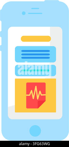 Smartphone audio file document transfer interface flat icon. Light blue mobile smartphone screen displaying audio document file icon red file wave gra Stock Vector