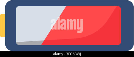 Low battery status power charge level flat vector icon. Dark blue battery shell red low charge indicator level empty battery UI status symbol Stock Vector