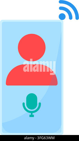 Mobile podcast streaming voice call interface flat icon. Light blue smartphone screen displaying red user profile avatar microphone icon wireless sign Stock Vector