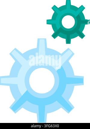 Cogwheel settings machinery options process gears flat vector icon. Light blue big gear dark green small gear mechanical system configuration UI symbo Stock Vector