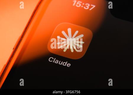 Paris, France - September 11, 2026 : Anthropic Claude AI assistant app icon displayed on a smartphone screen. Stock Photo