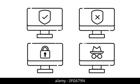 Cyber security and digital privacy computer monitors vector icons set. Black line art style on white background. Stock Vector