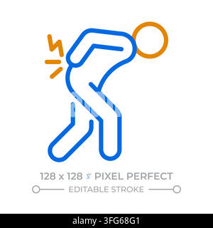 Lower back pain issues pixel perfect duotone line icon. Spinal alignment discomfort. Lumbar spine muscle tension. Joint pain relief methods. Bicolor l Stock Vector
