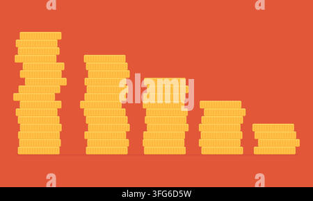 Decreasing Gold Coin Stacks Financial Loss Red Chart Vector Stock Vector