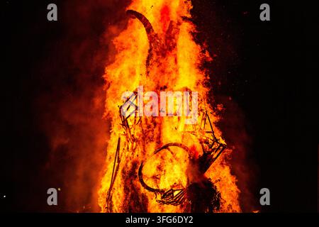 CLOSE VIEW OF BURNING EFFIGY'S WOODEN FRAME, BURNING THE WICKER MAN EFFIGY, GREEN MAN FESTIVAL, BRECON, WALES, UK, 2018: A close-up view shows the glowing wooden skeleton of a large effigy as it is consumed by intense yellow and orange flames at night. Photo: Rob Watkins. INFO: The Green Man Festival is held annually in the Brecon Beacons in August. It celebrates music, arts, literature, science and family-friendly culture in a beautiful mountain setting. Each year the festival ends with the ritual burning of the wicker man Green Man effigy. Stock Photo