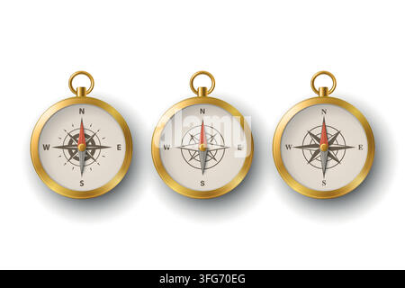 Compass Icon Set, 3d Vector Illustration. Simple Golden Magnetic Compass Icons Isolated. Compass Collection. Direction and Travel Symbol Design Stock Vector