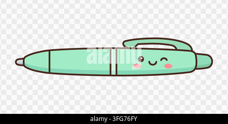 Mint green ballpoint pen vector illustration featuring a cute kawaii winking face Stock Vector